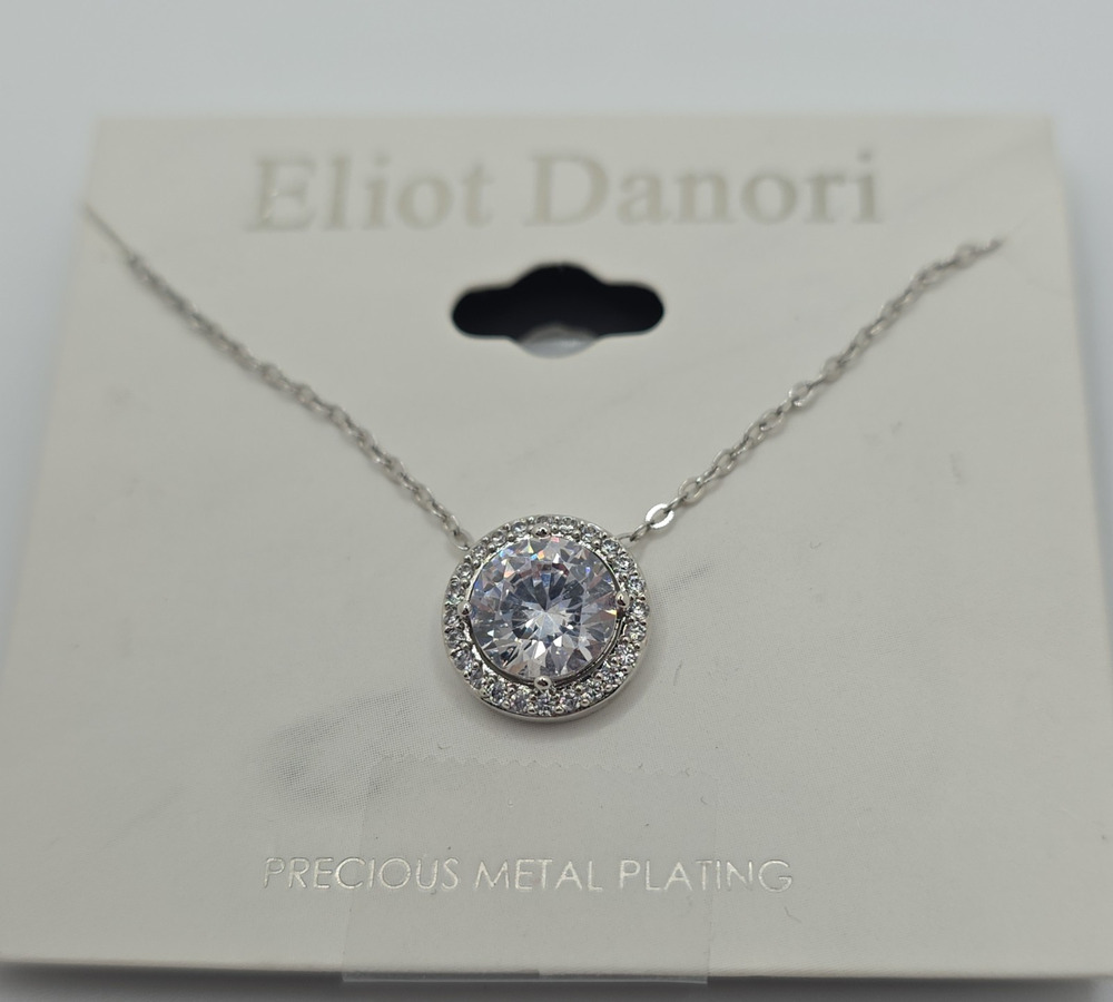 Eliot Danori Silver Tone Halo Crystal Pendant Necklace Precious Metal Plated
